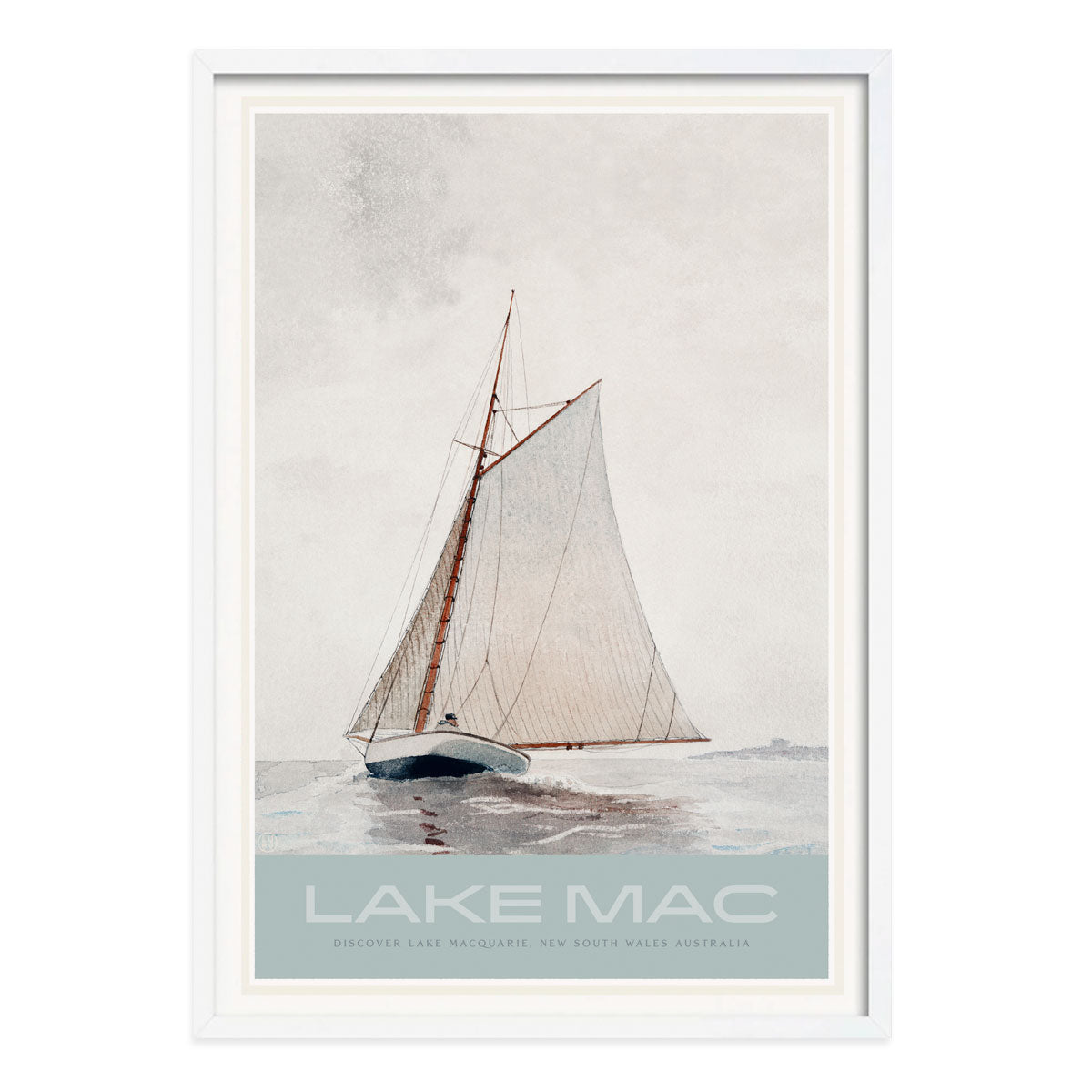 Lake Mac NSW retro vintage poster print in white frame by Places We Luv
