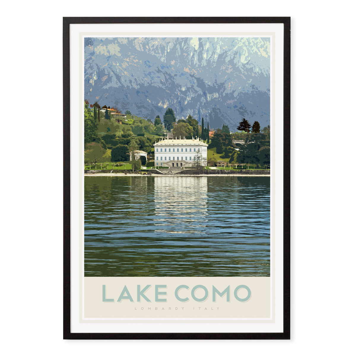 Lake Como Italy, vintage travel style black framed print by places we luv