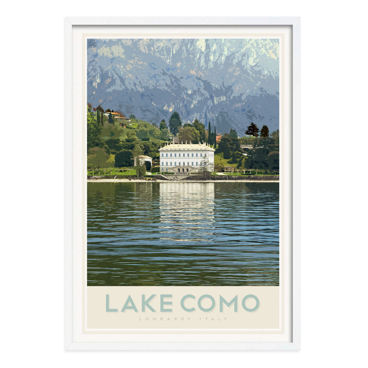 Lake Como Italy, vintage travel style white framed print by places we luv