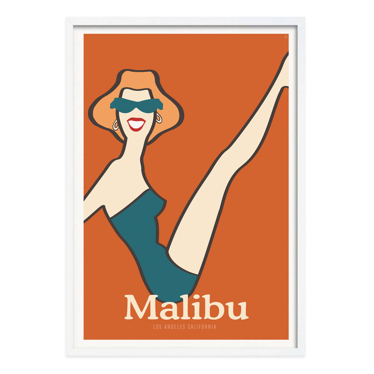 Malibu retro vintage poster print in white frame from Places We Luv