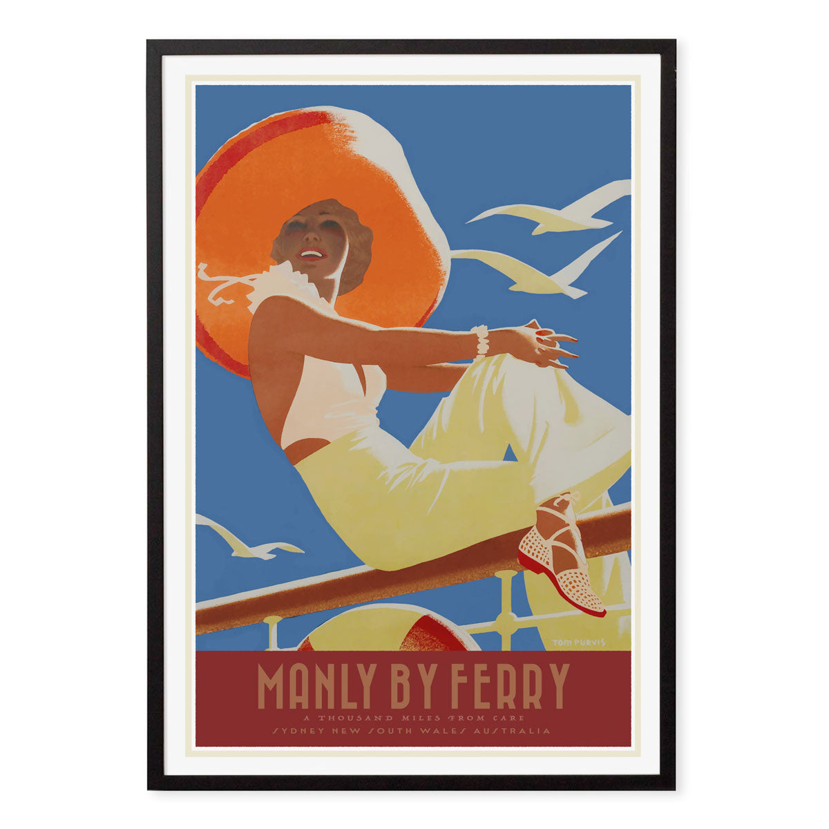 Manly vintage retro travel poster print in black frame from Places We Luv