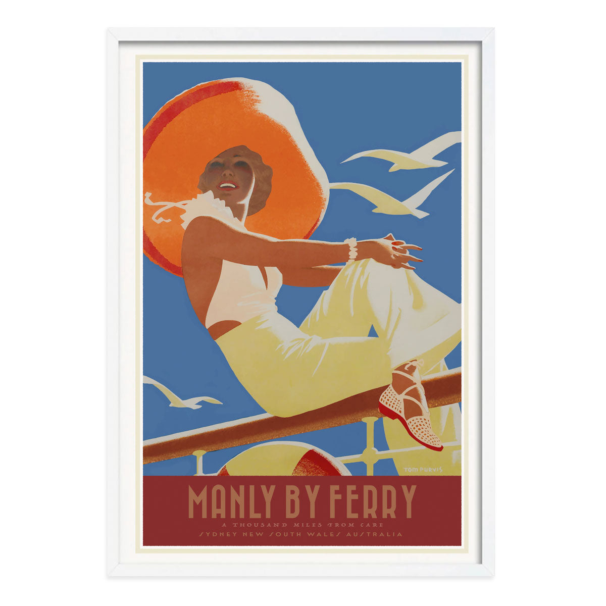 Manly vintage retro travel poster print in white frame from Places We Luv