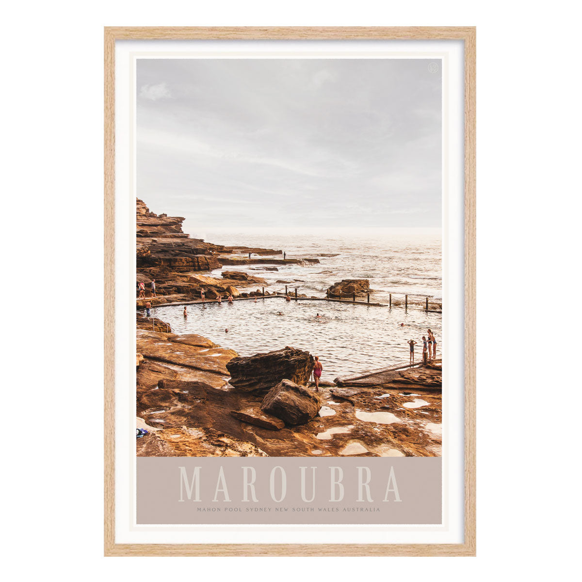 Maroubra Mahon Pool vintage retro travel poster print in oak frame by places we luv