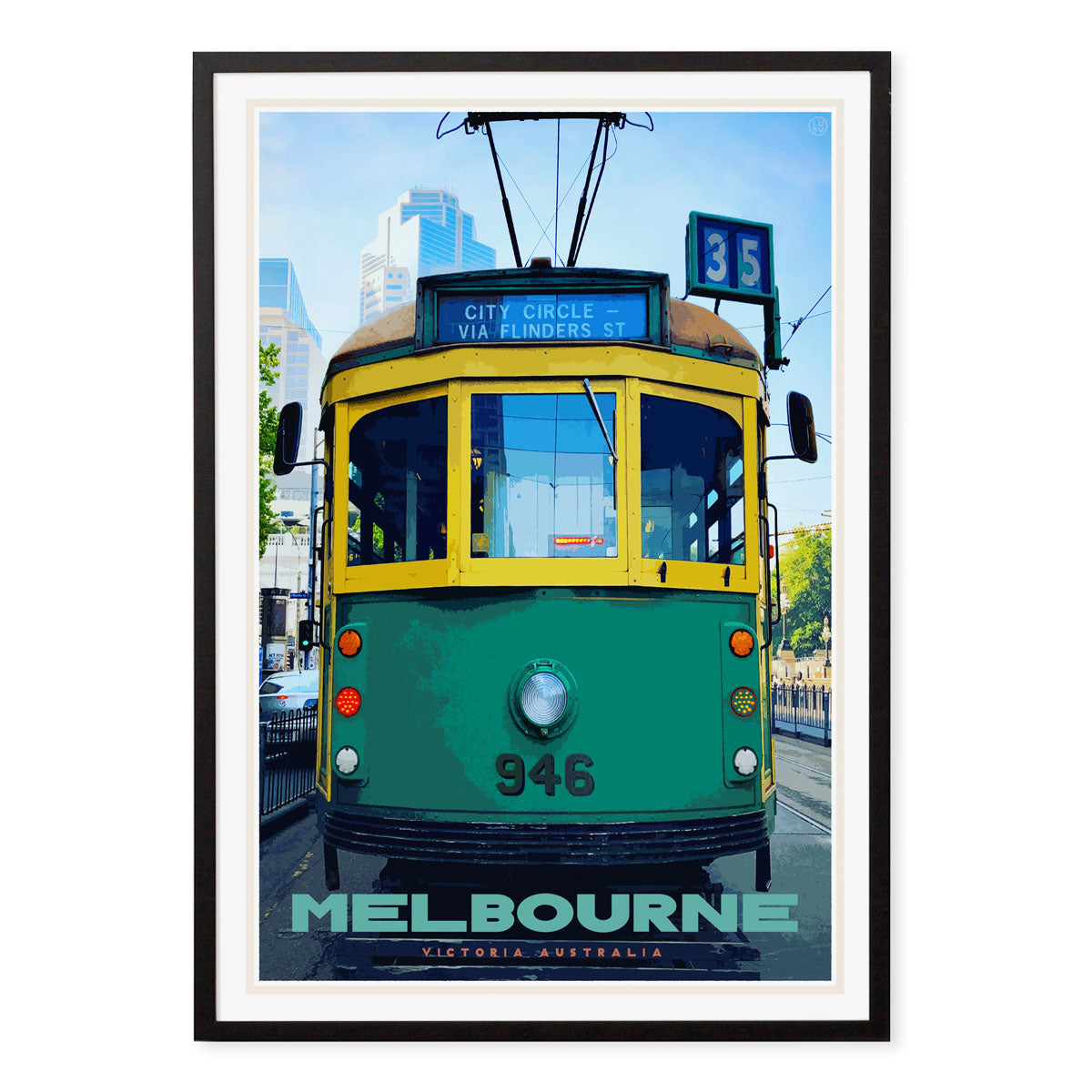 Melbourne tram vintage retro poster print in black frame from Places We Luv