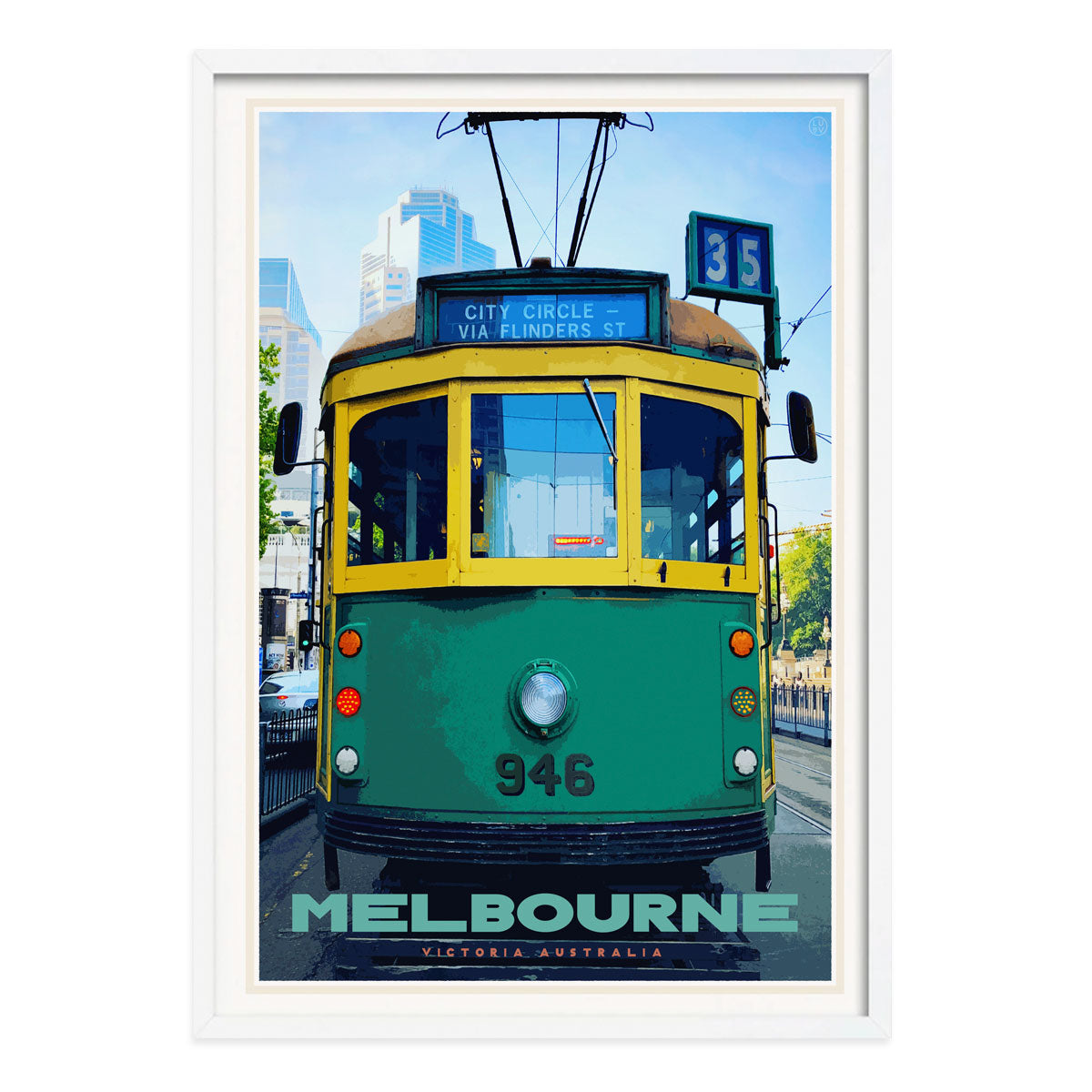 Melbourne tram vintage retro poster print in white frame from Places We Luv