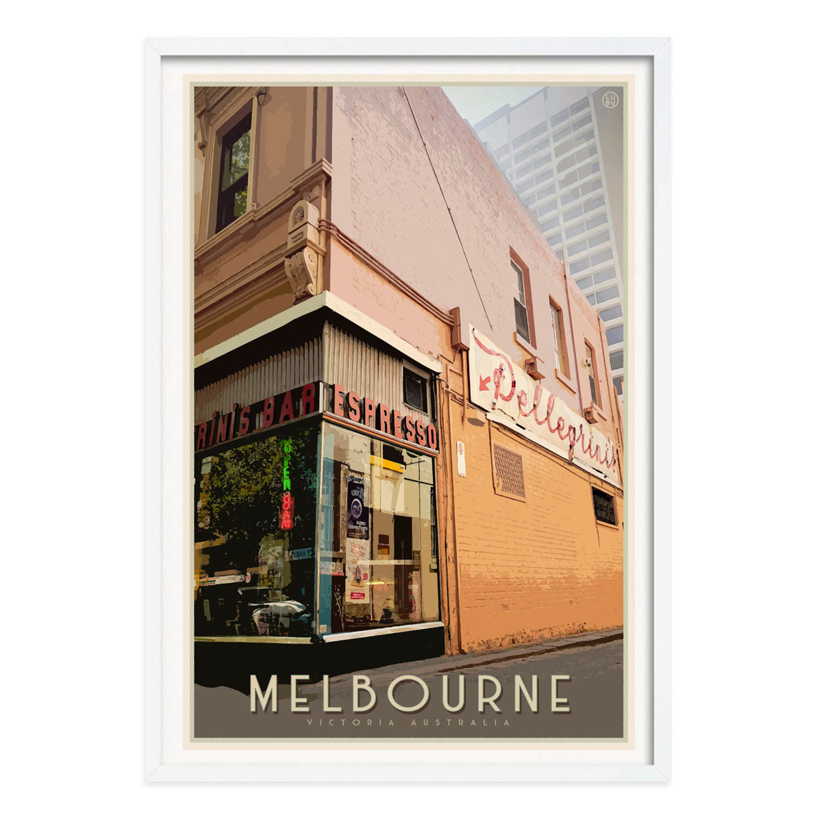 Melbourne Espresso Bar retro vintage poster in white frame by Places We Luv
