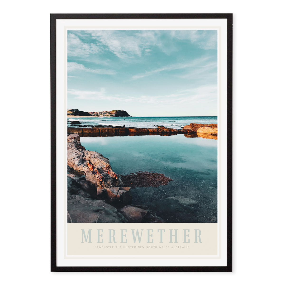 Merewether Beach vintage retro travel poster print in black frame from Places We Luv
