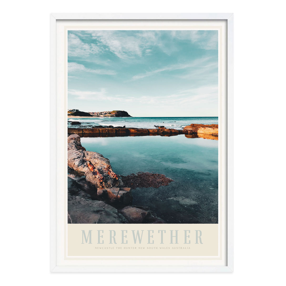 Merewether Beach vintage retro travel poster print in white frame from Places We Luv