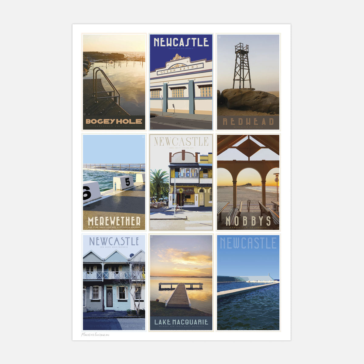 Newcastle beaches mixed vintage travel style print places we luv
