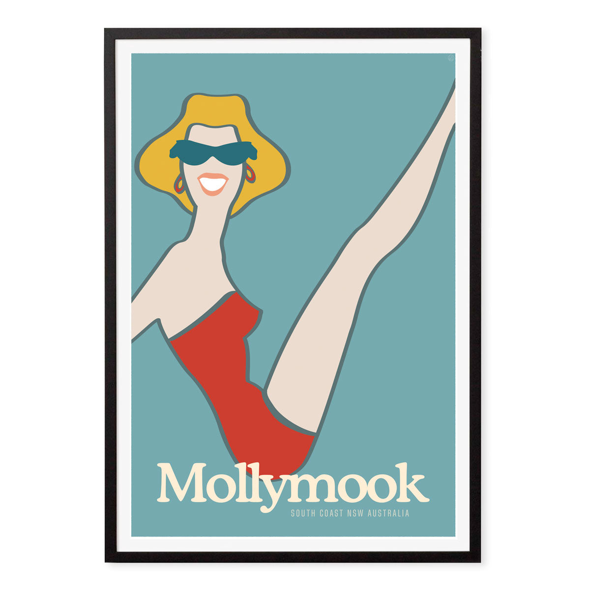 Mollymook beach gal retro vintage poster print in black frame from Places We Luv