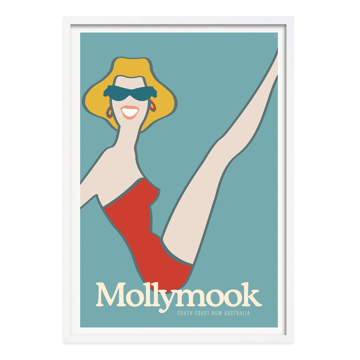 Mollymook beach gal retro vintage poster print in white frame from Places We Luv