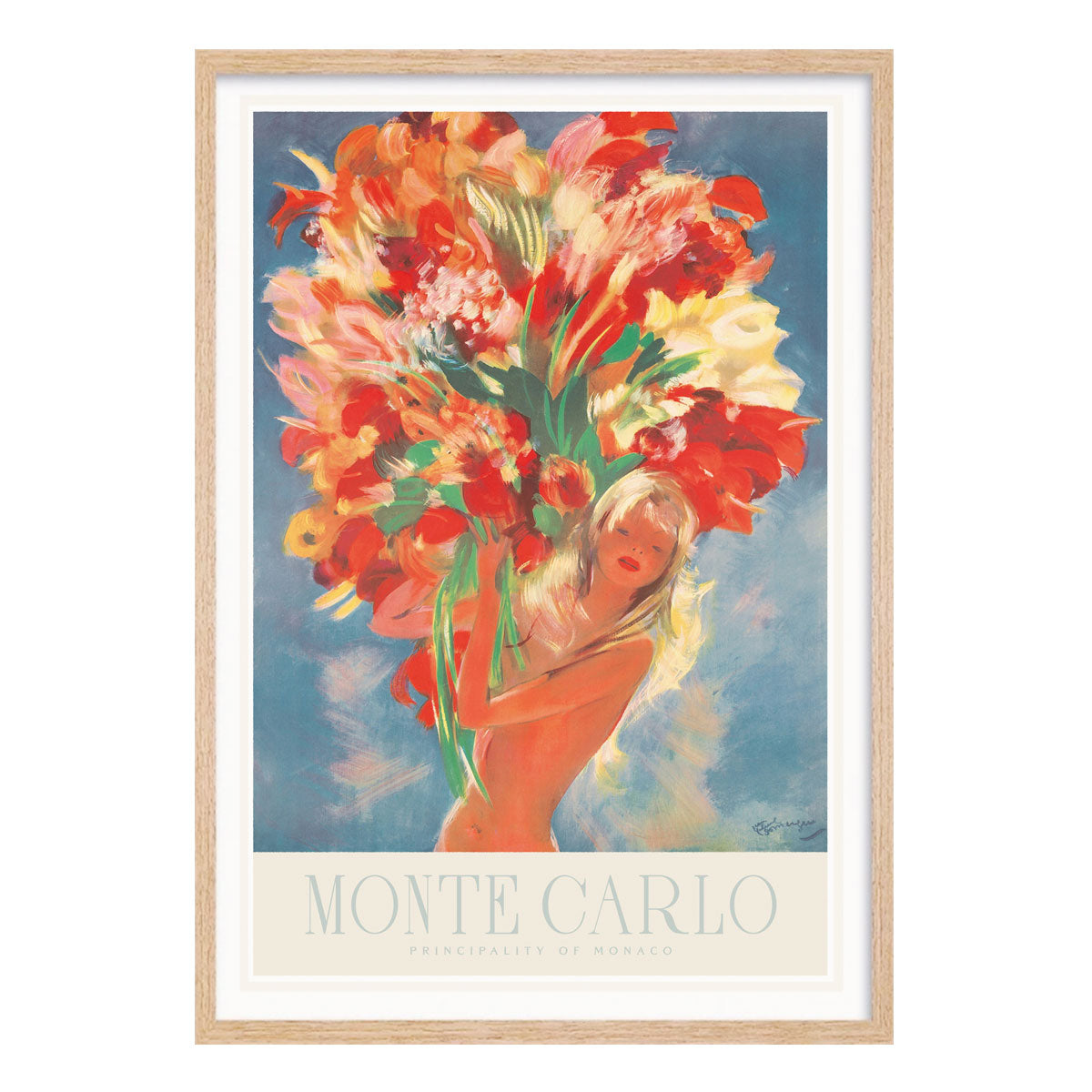 Monte Carlo Flowers retro vintage travel poster print in oak frame from Places We Luv
