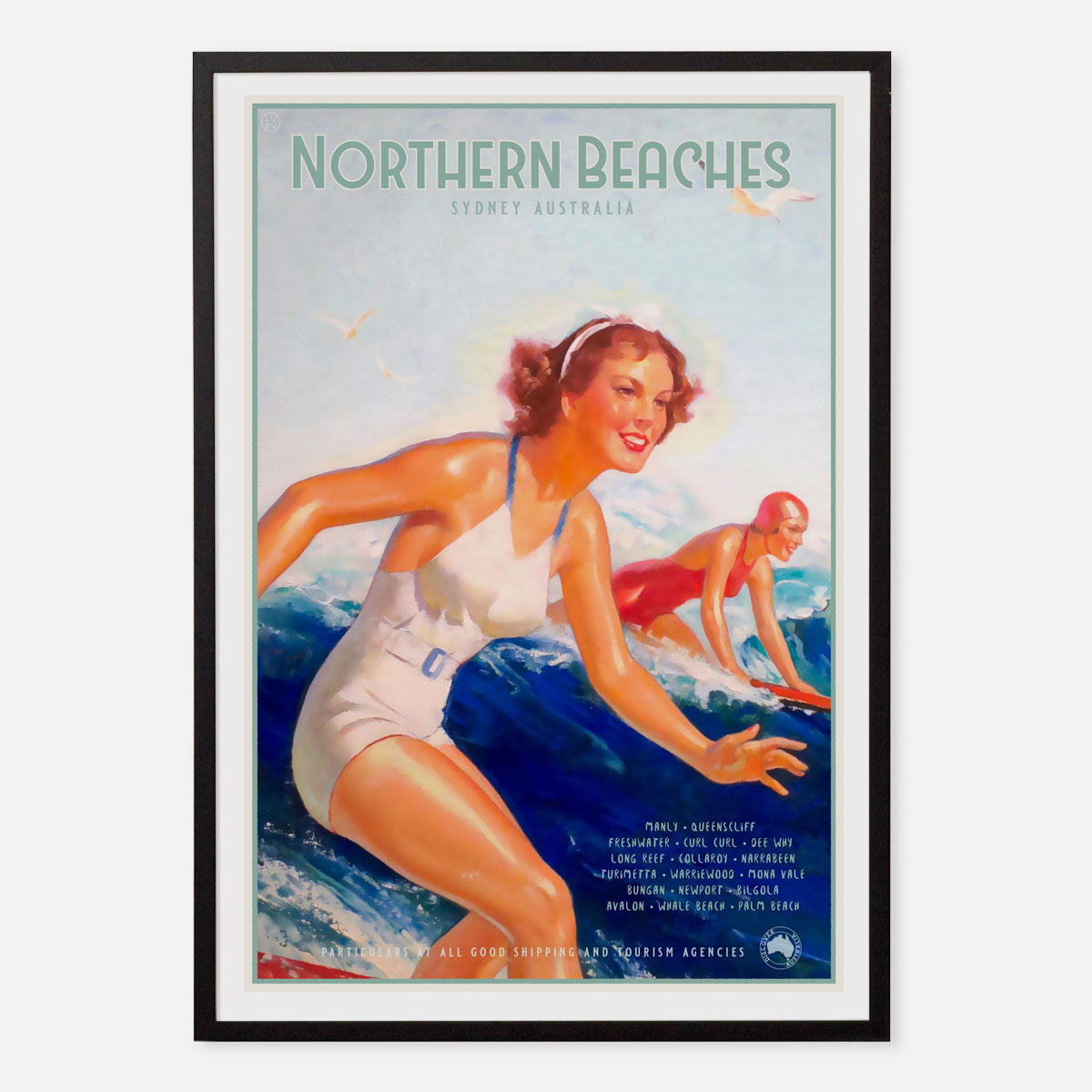 Northern Beaches Sydney retro vintage poster print in black frame from Places We Luv