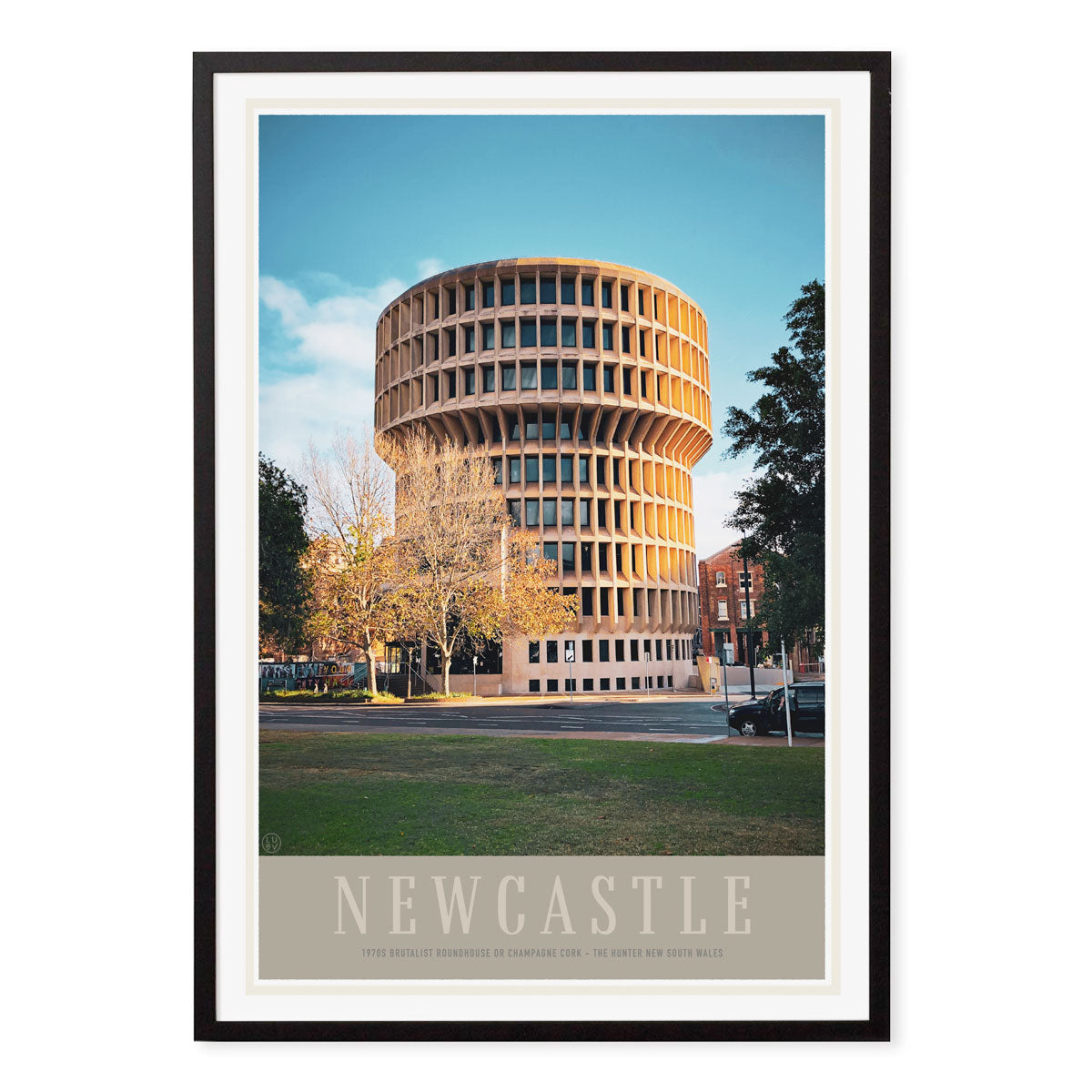 Newcastle NSW vintage retro travel poster print in black frame from Places We Luv