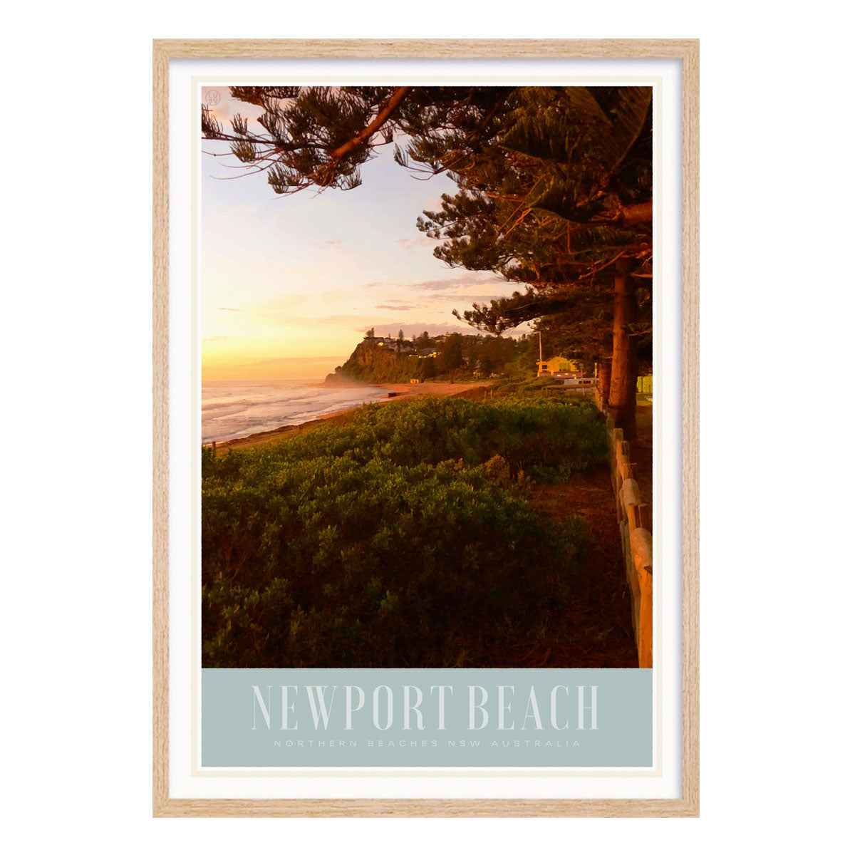 Newport beach retro vintage poster print in oak frame from places we luv