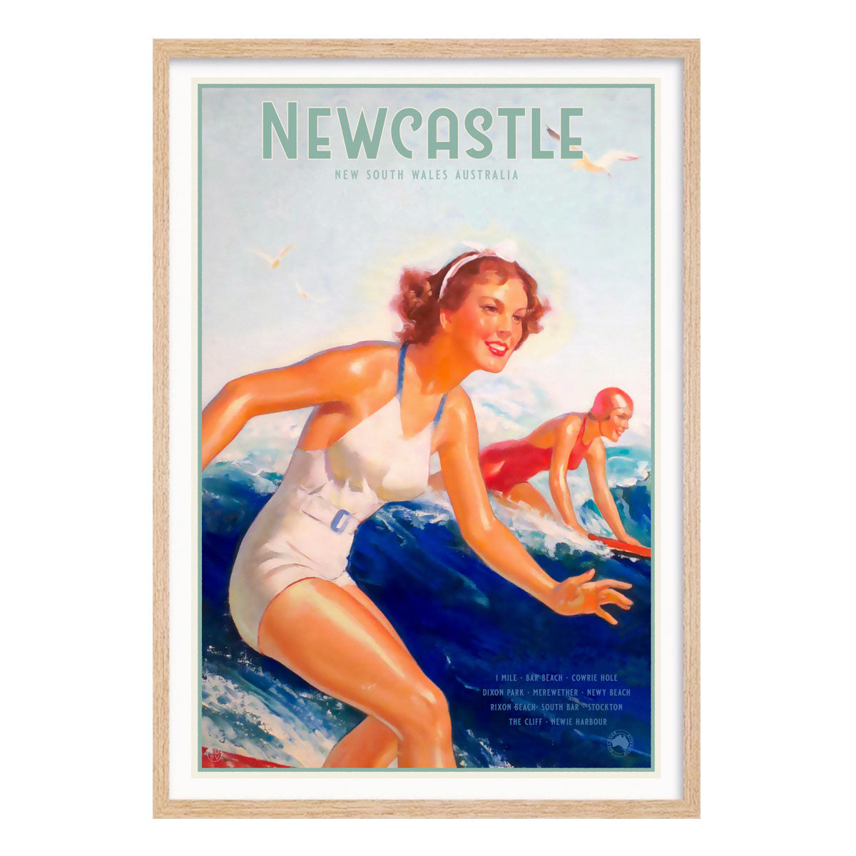 Newcastle surfer vintage retro poster print in oak frame from Places We Luv