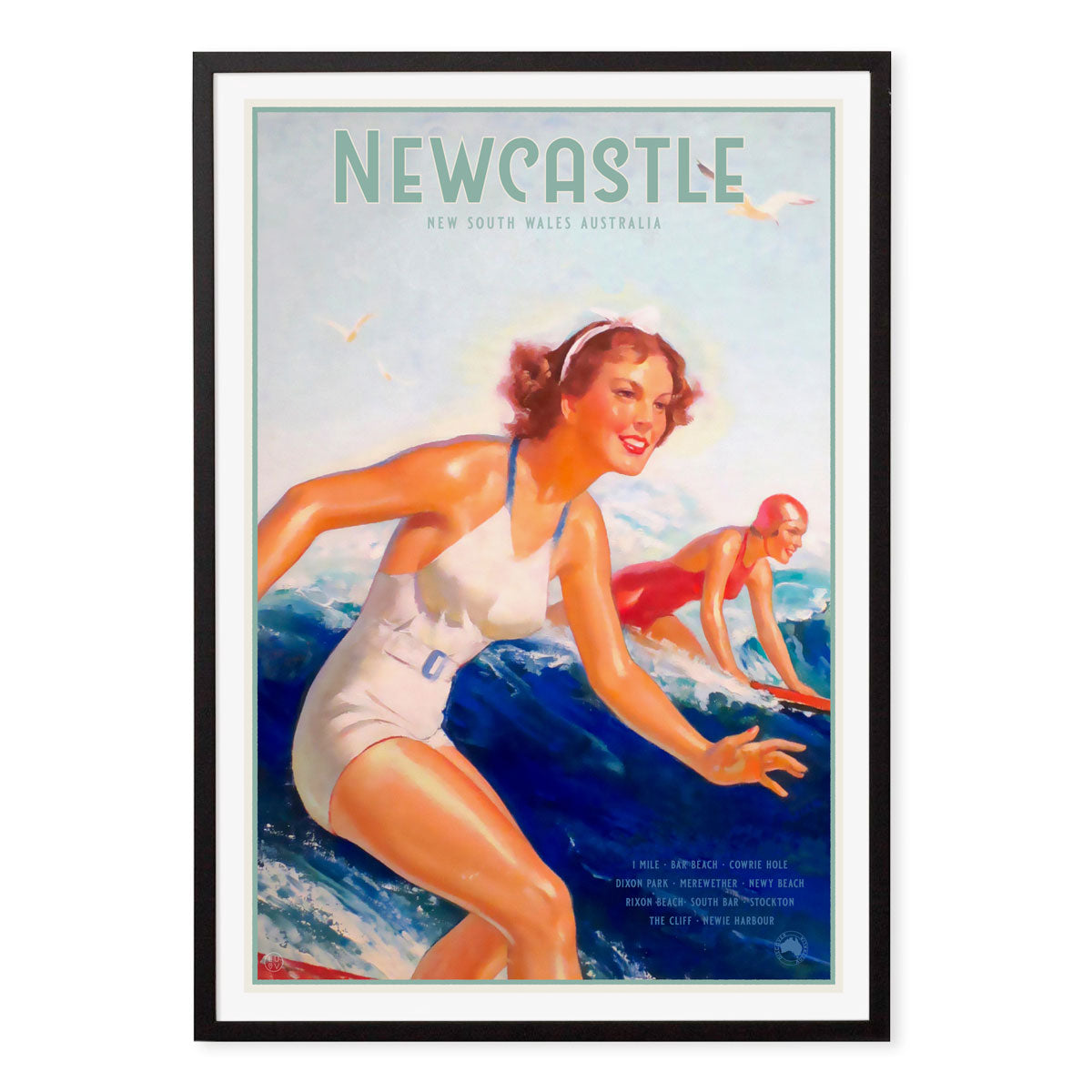 Newcastle surfer vintage retro poster print in black frame from Places We Luv