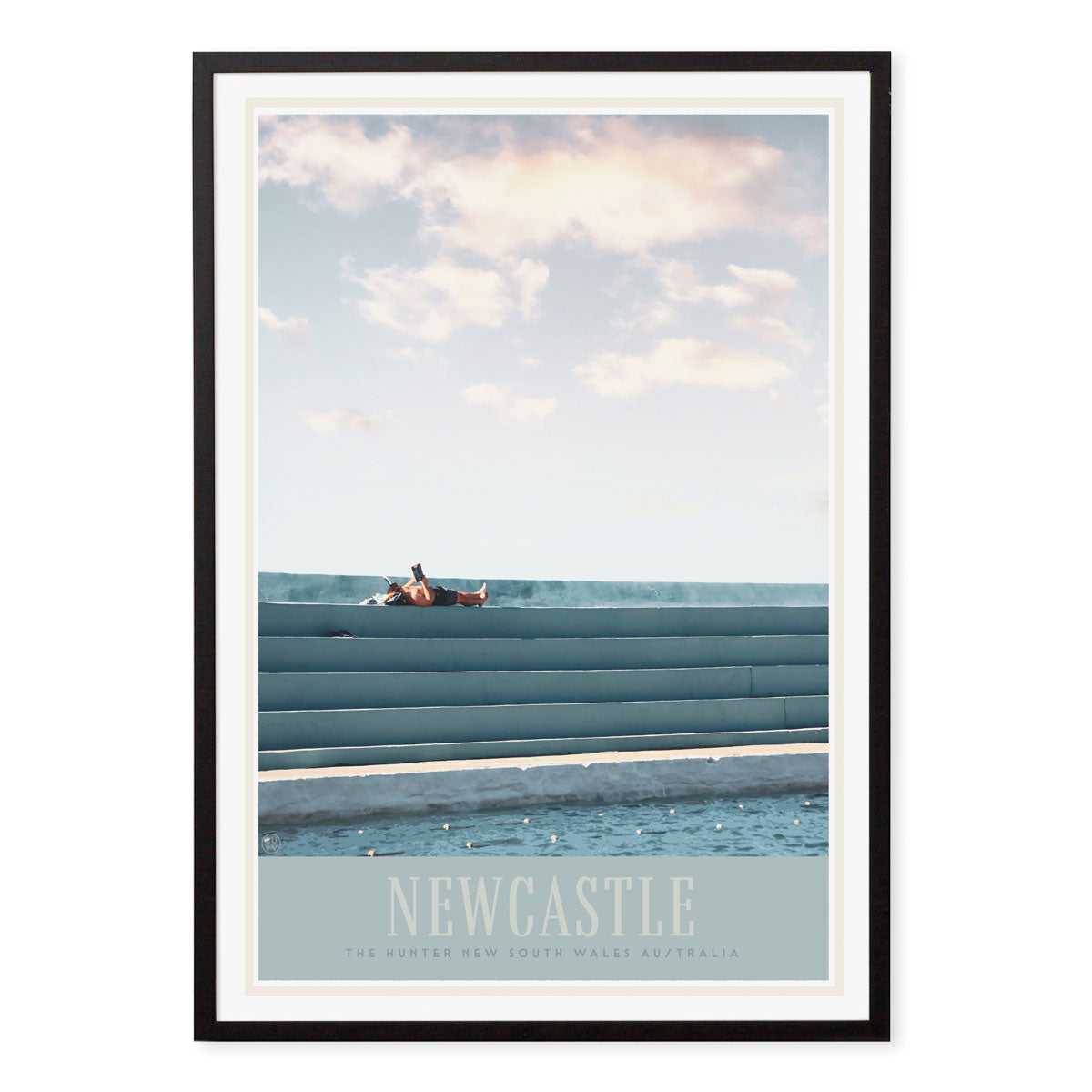Newcastle NSW Pool vintage retro poster print in black frame from Places We Luv