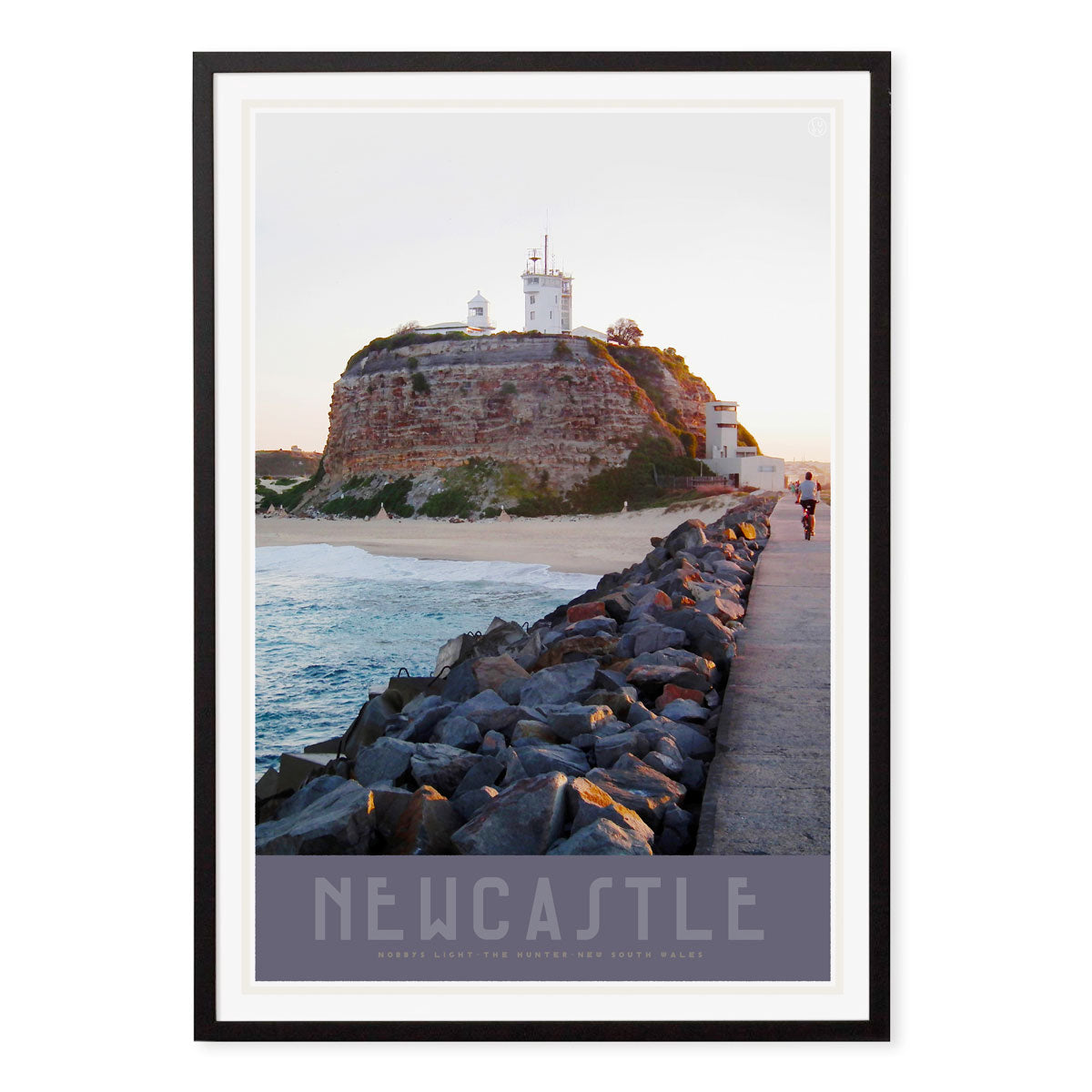 Newcastle Nobbys Beach NSW vintage travel poster print in black frame by Places we luv