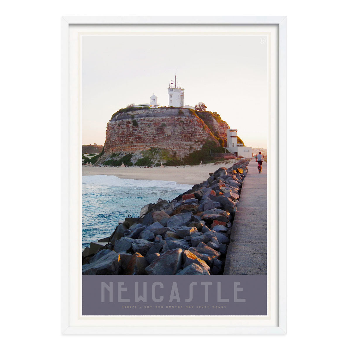Newcastle Nobbys Beach NSW vintage travel poster print in white frame by Places we luv