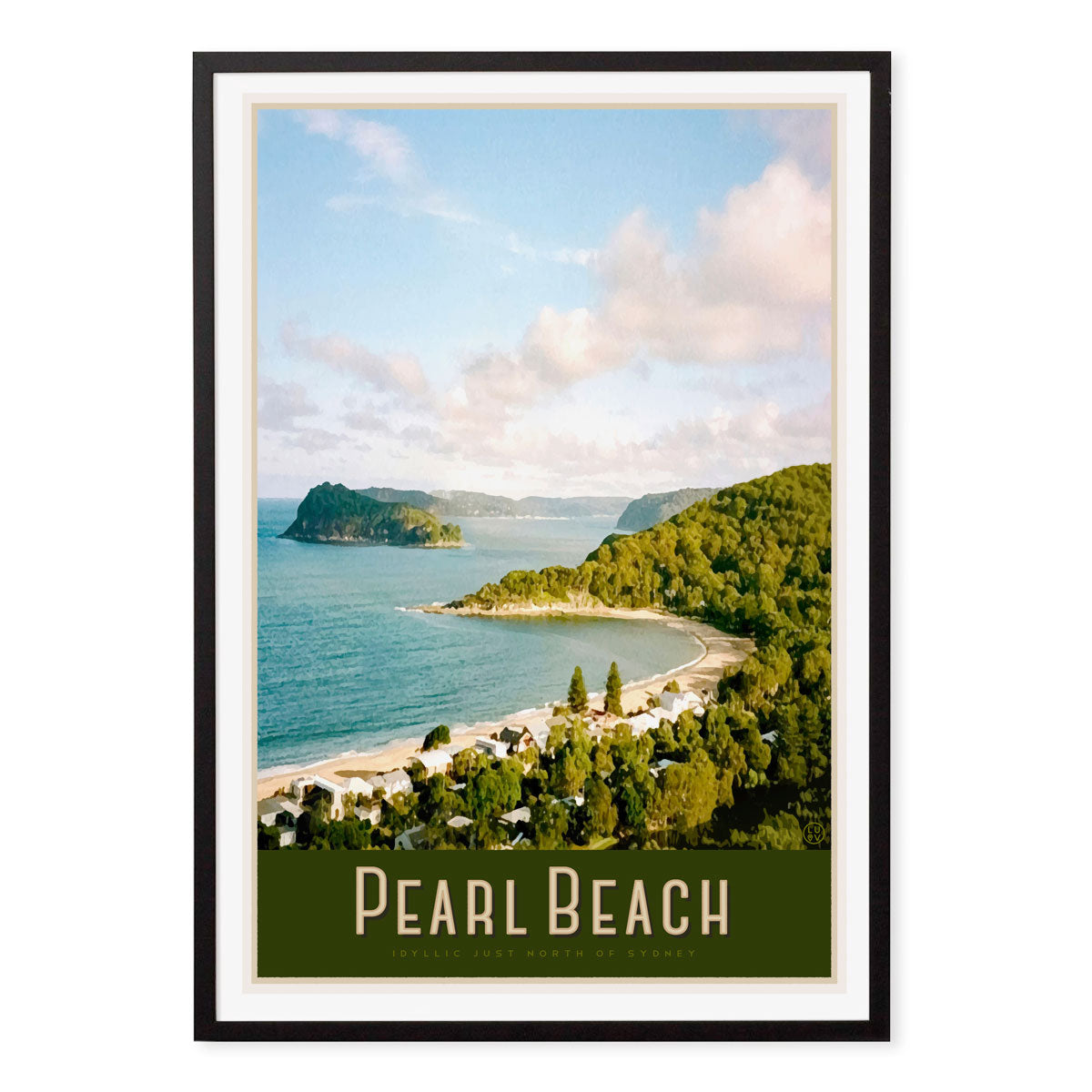 Pearl beach vintage travel poster in black frame central coast by places we luv
