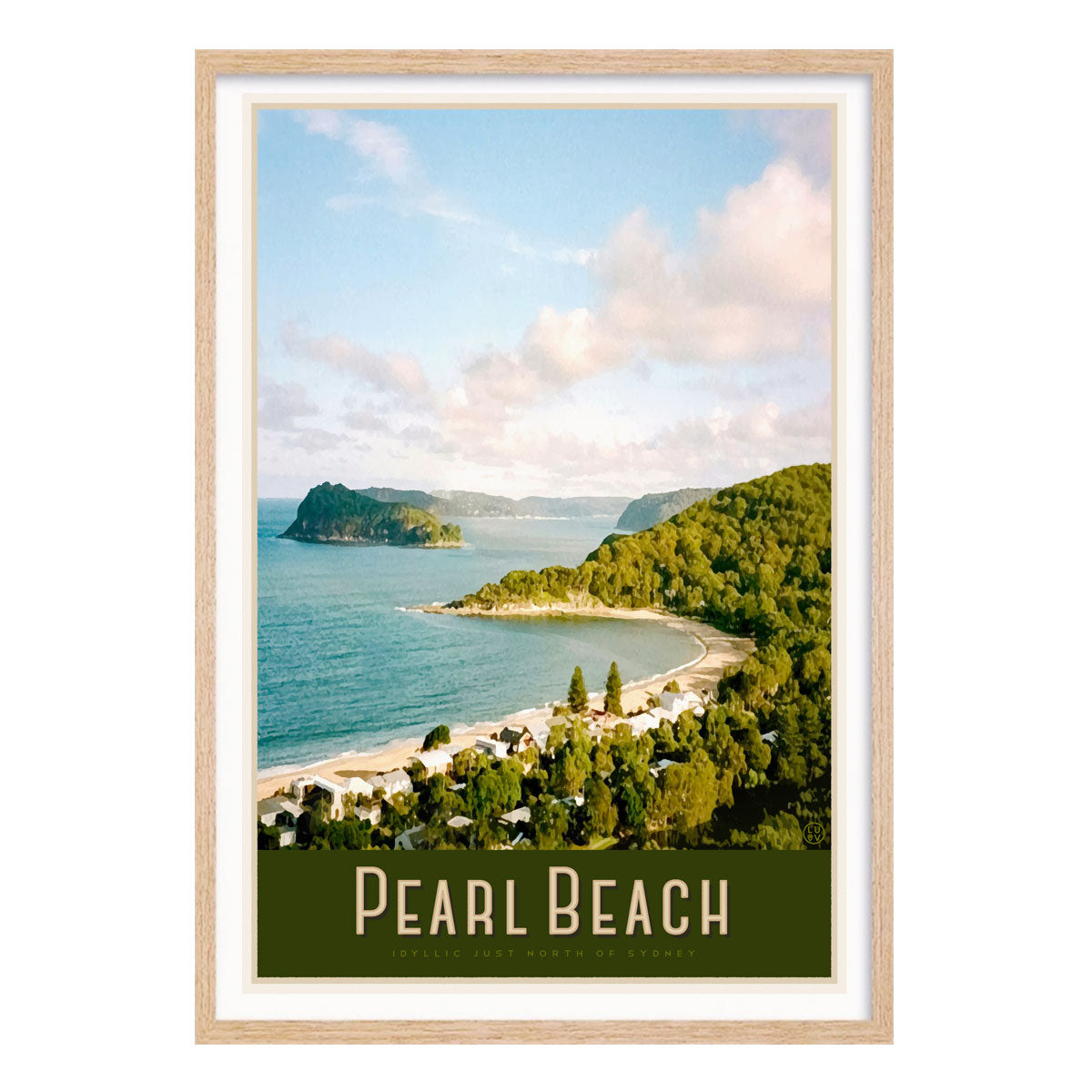 Pearl beach vintage travel poster in oak frame central coast by places we luv