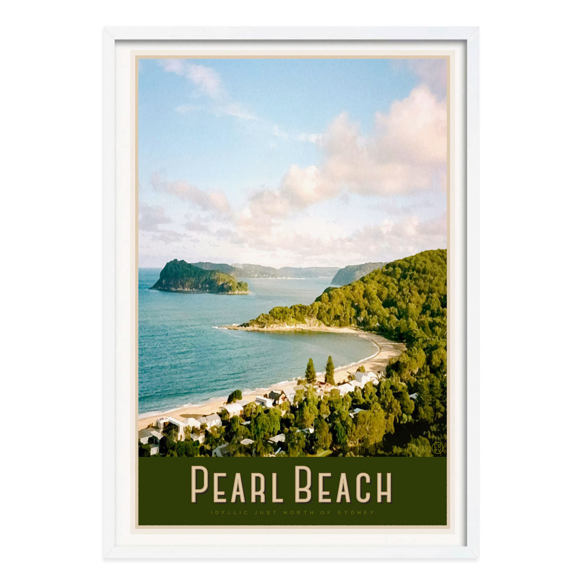 Pearl beach vintage travel poster in white frame central coast by places we luv