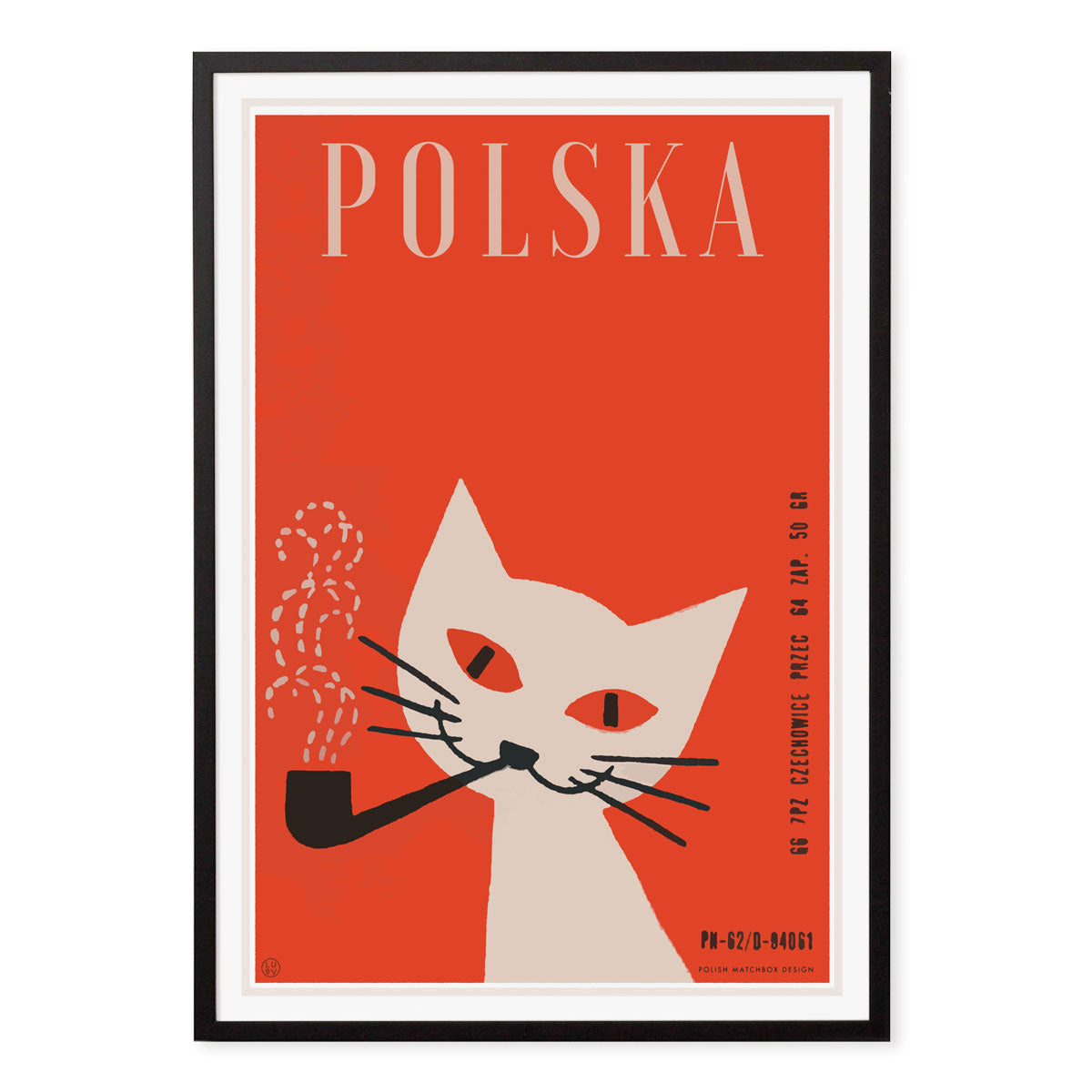 Cat with pipe retro black framed poster print Poland from Places we Luv