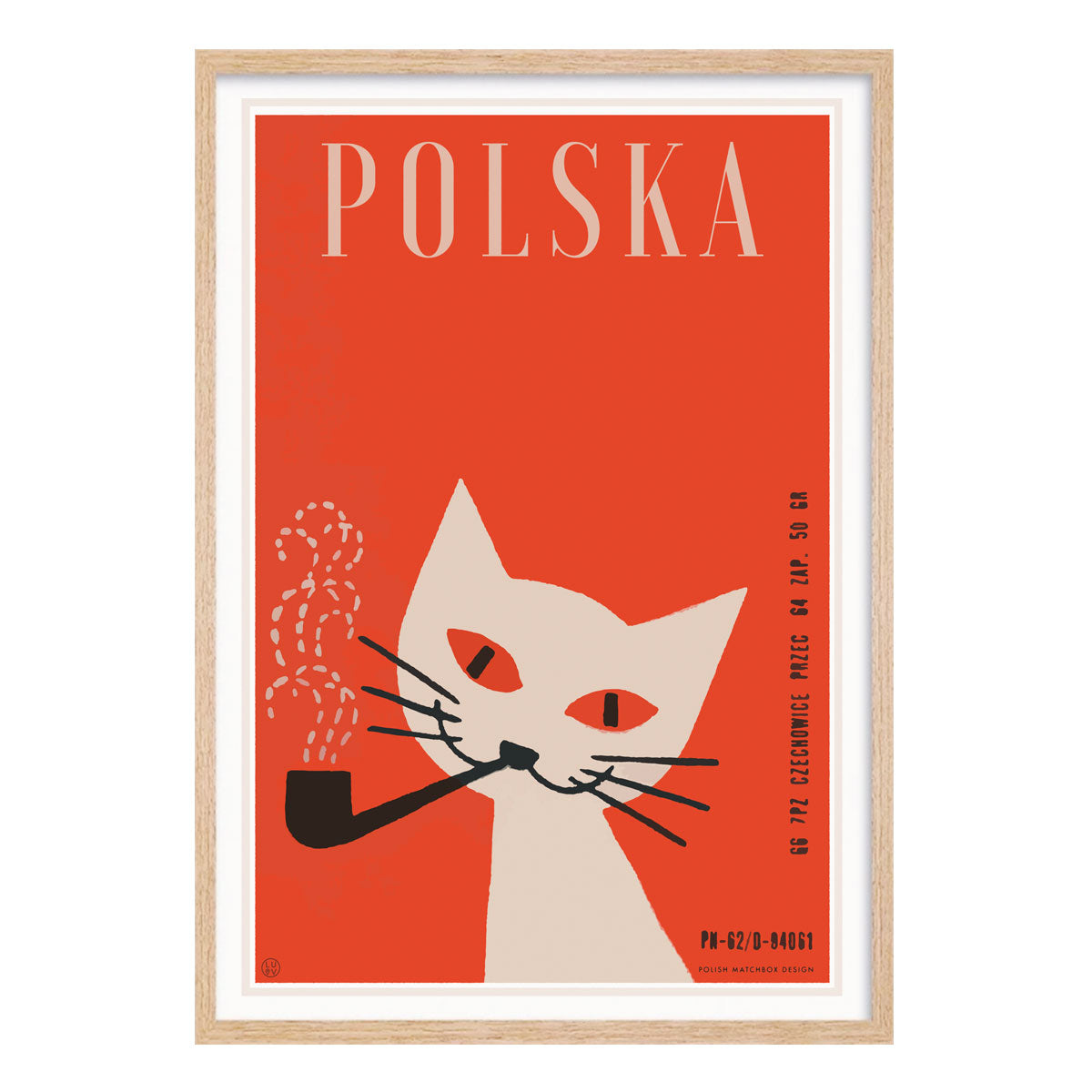 Cat with pipe retro oak framed poster print Poland from Places we Luv