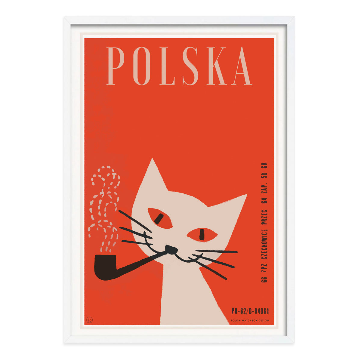 Cat with pipe retro white framed poster print Poland from Places we Luv