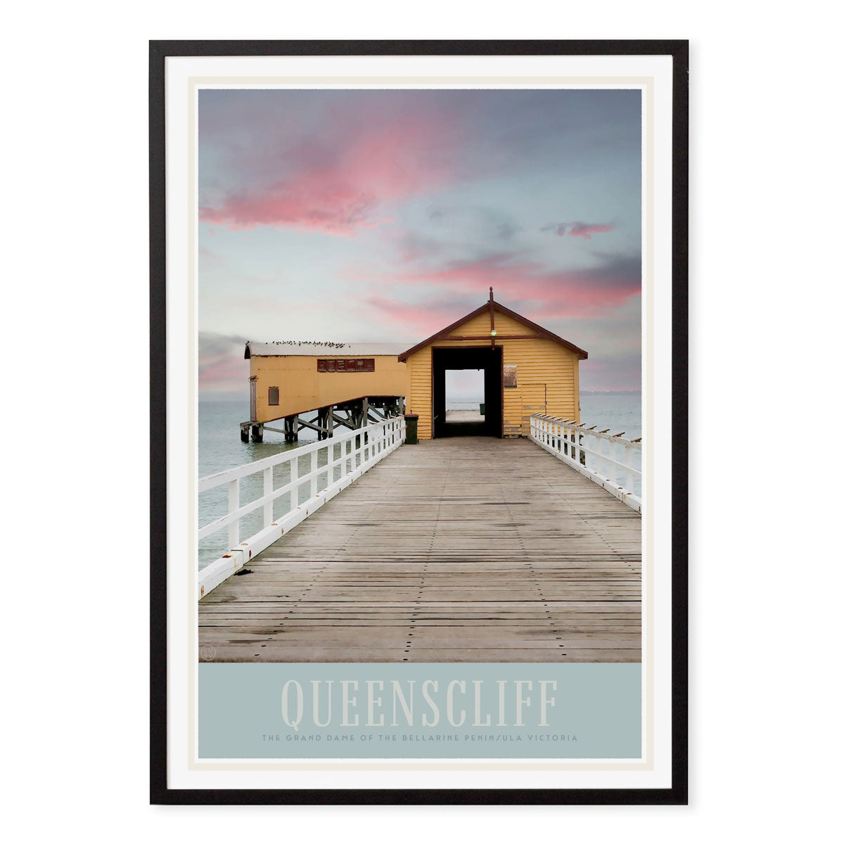 Queenscliff Victoria retro vintage travel poster print in black frame from Places We Luv