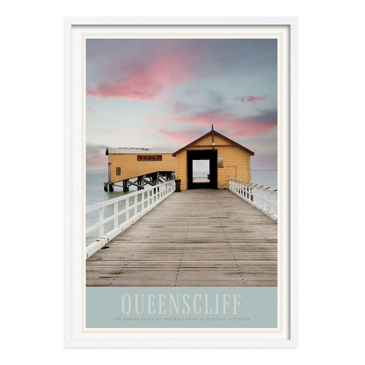 Queenscliff Victoria retro vintage travel poster print in white frame from Places We Luv