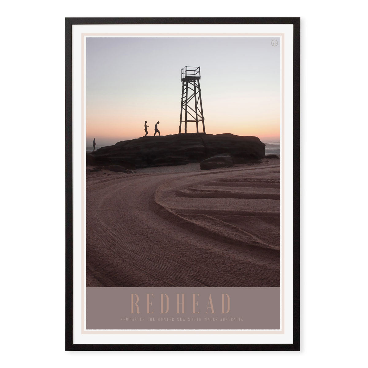Redhead beach vintage travel retro poster in black frame places we luv