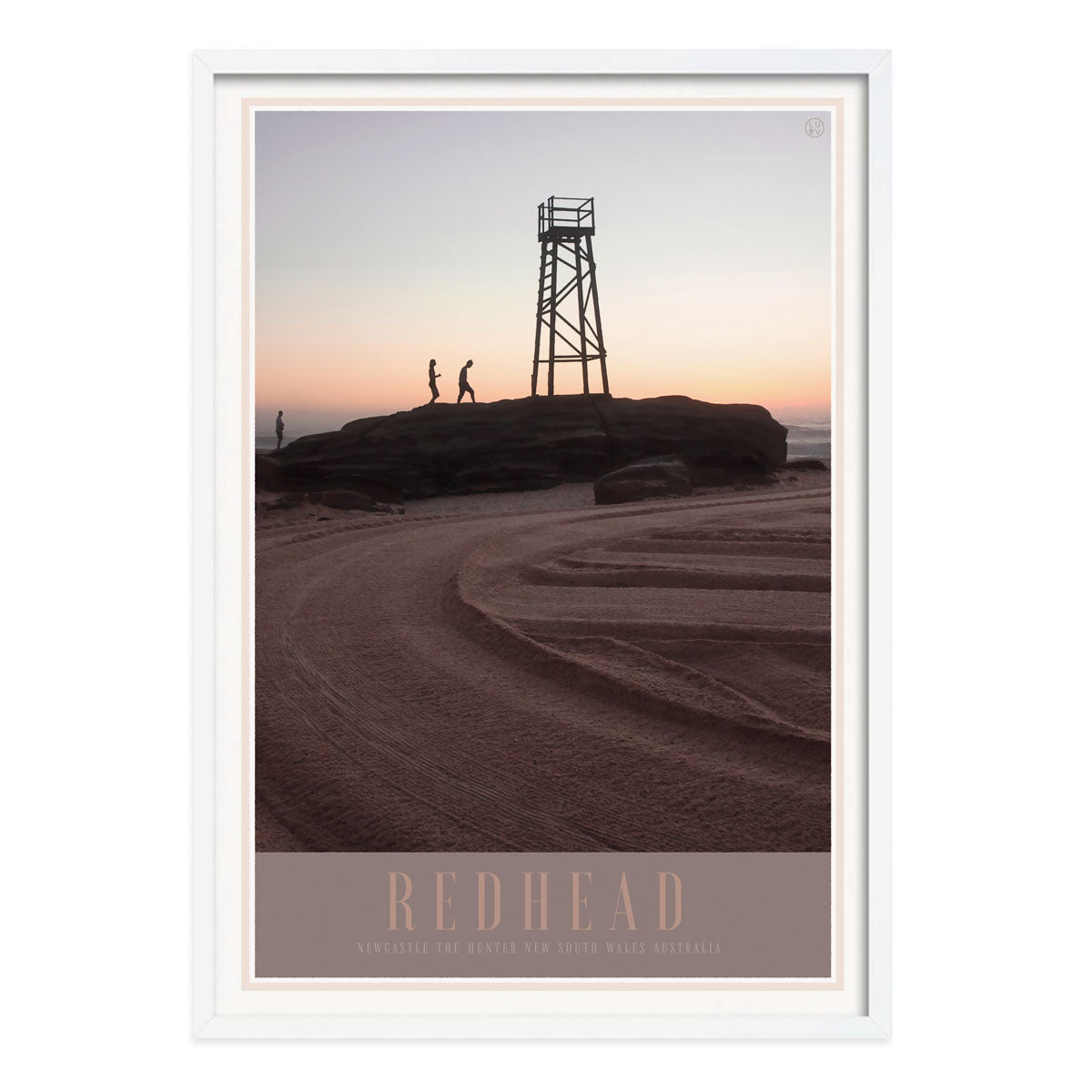 Redhead beach vintage travel style white framed print places we luv