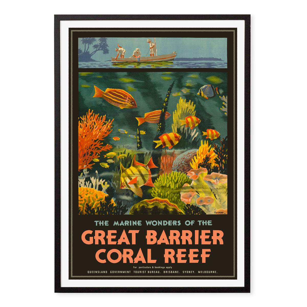 Queensland Barrier Reef vintage retro poster print in black frame from Places We Luv