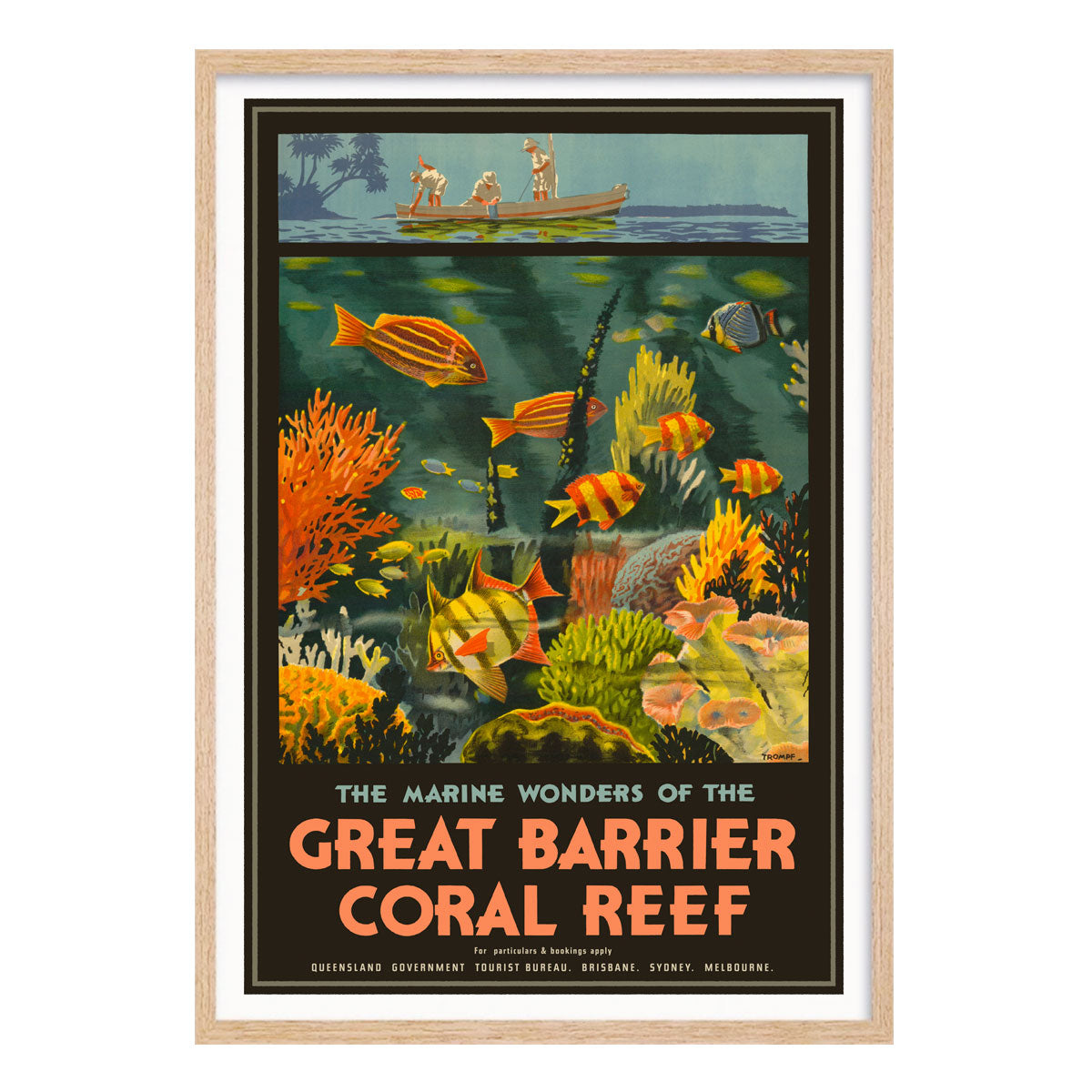 Queensland Barrier Reef vintage retro poster print in oak frame from Places We Luv