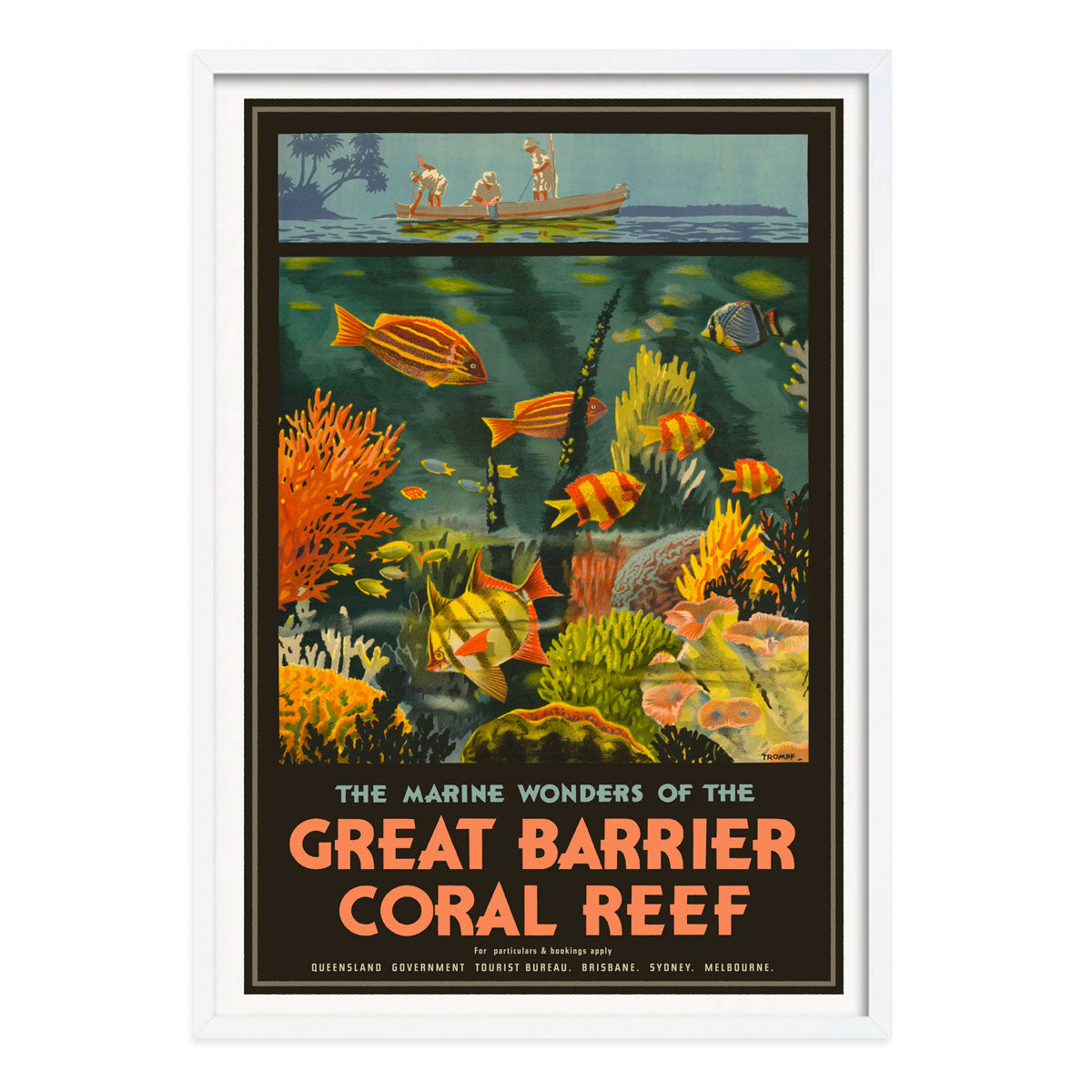 Queensland Barrier Reef vintage retro poster print in white frame from Places We Luv