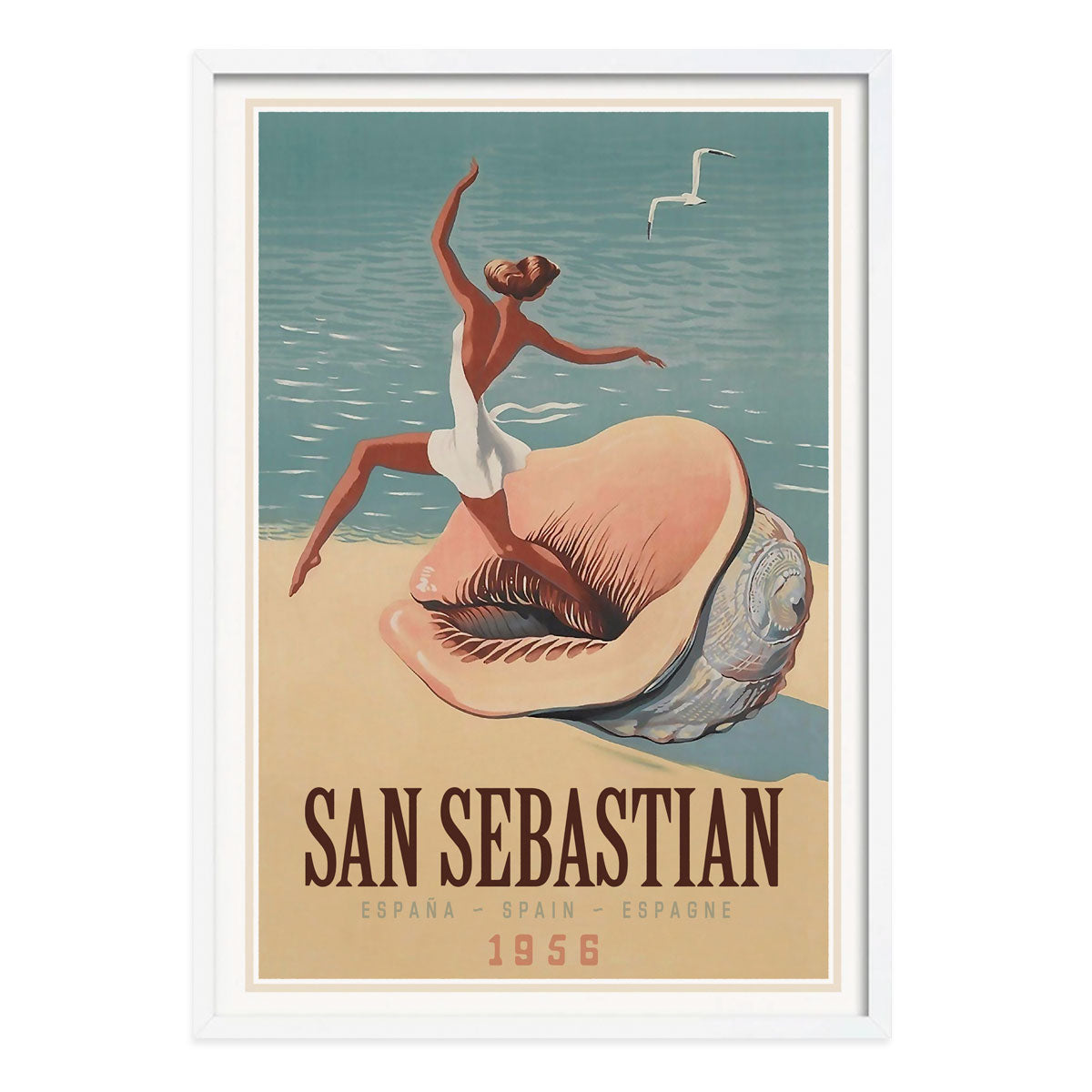 San Sebastian vintage retro advertising poster print in white frame from Places We Luv