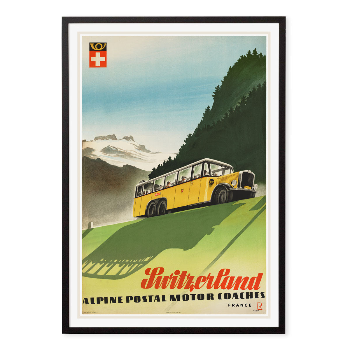 Retro vintage travel Switzerland poster print in black frame from Places We Luv