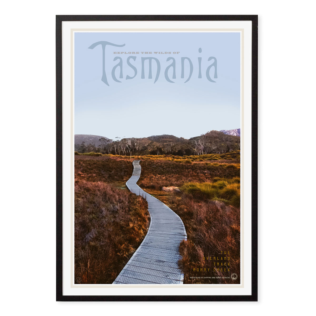 Tasmania Overland track vintage retro poster print in black frame from Places We Luv