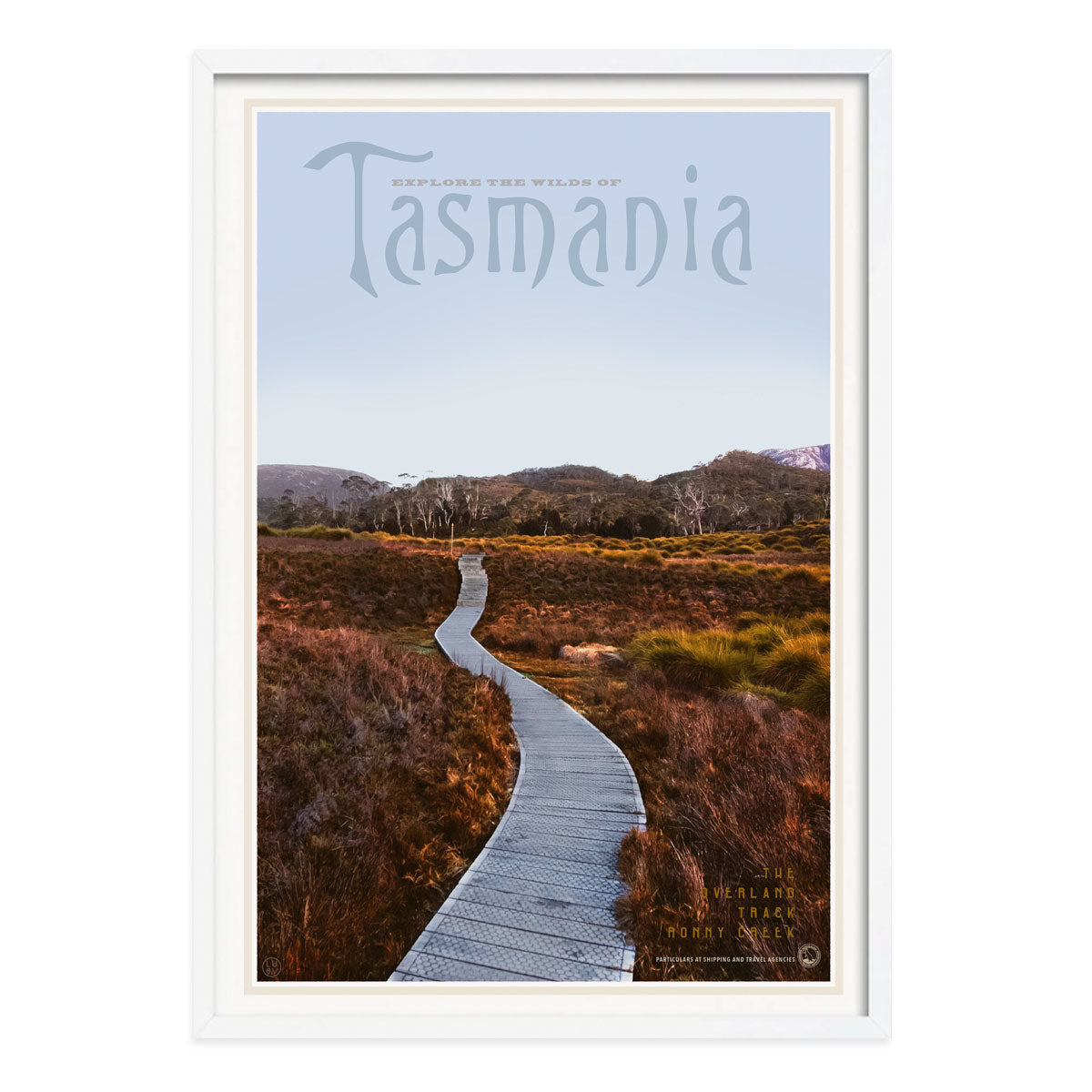 Tasmania Overland track vintage retro poster print in white frame from Places We Luv