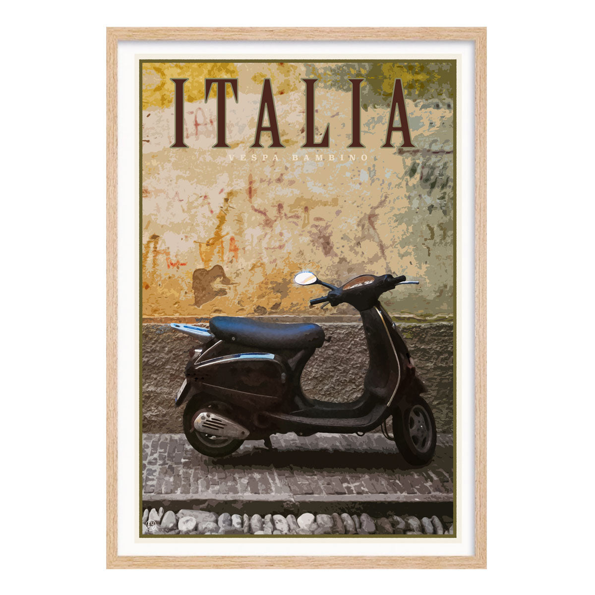 Vespa Italy retro vintage travel poster print in oak frame by Places We Luv