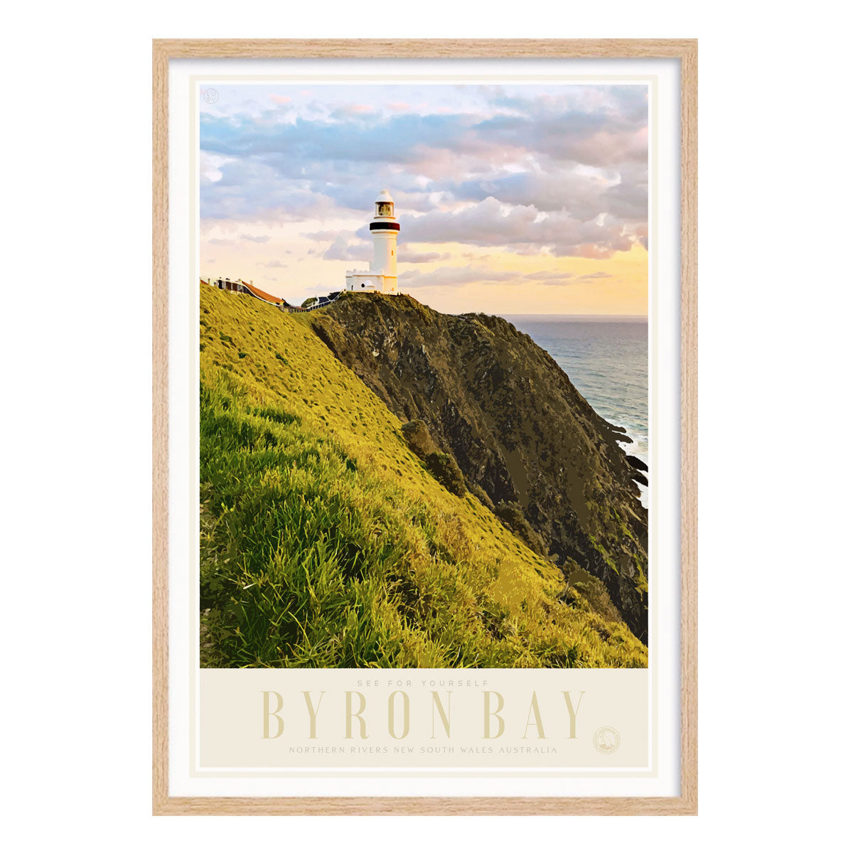 Byron Bay retro vintage travel prints posters in oak frame by places we luv