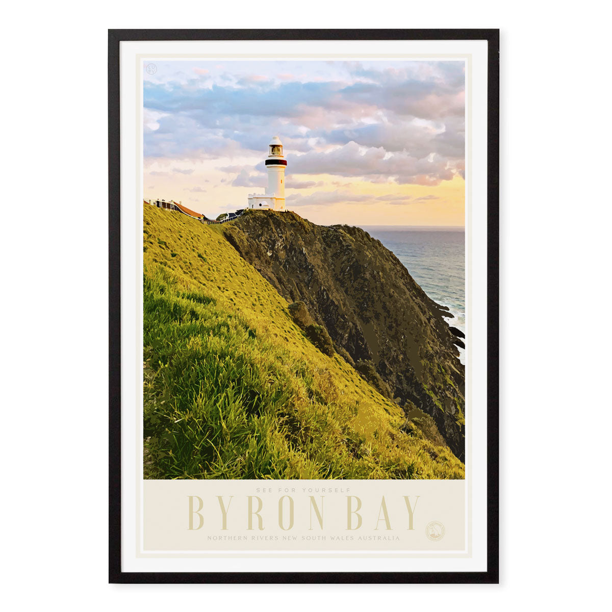 Byron Bay retro vintage travel prints posters in black frame by places we luv