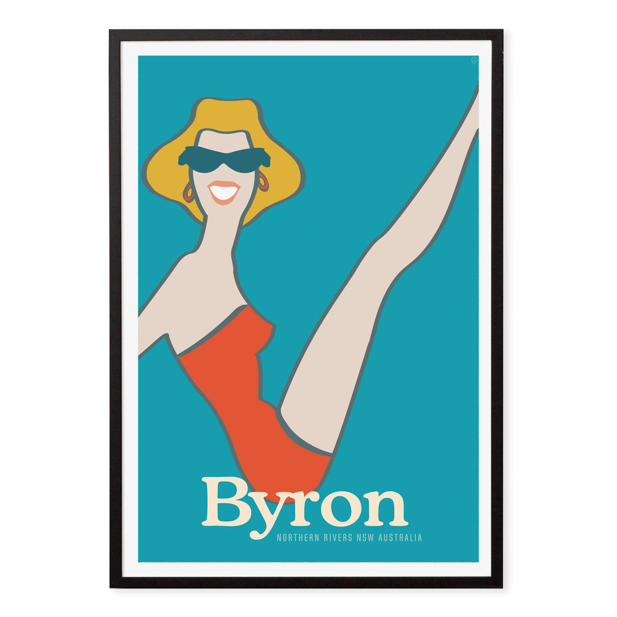 Byron Bay retro vintage poster print in black frame from Places We Luv