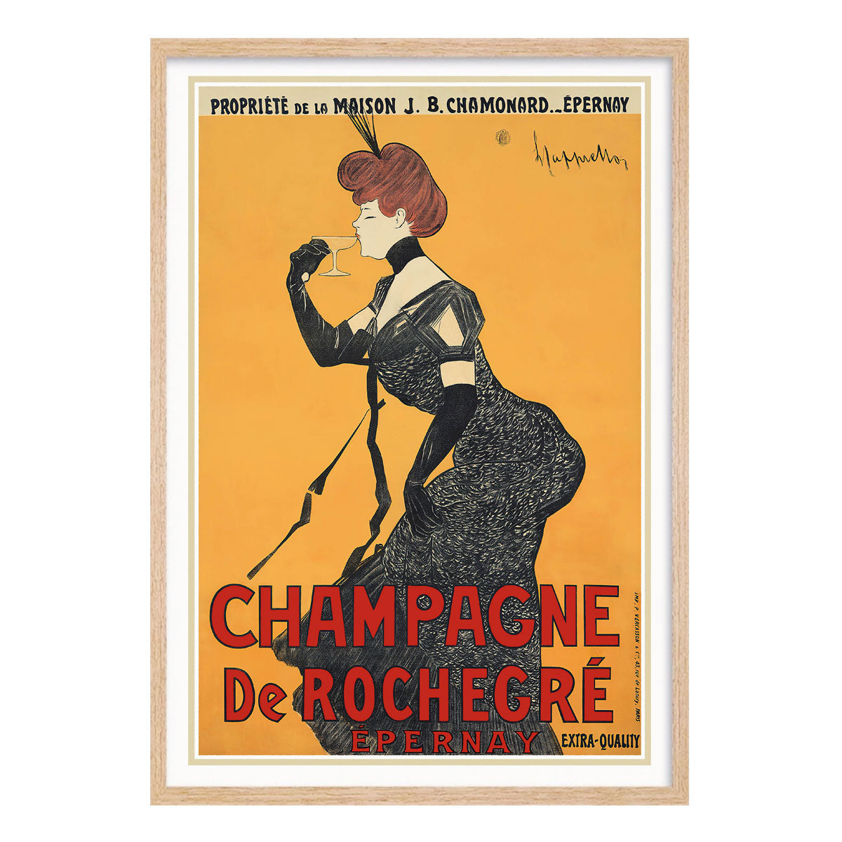 French Champagne De Rochegre vintage retro advertising poster in oak frame Places We Luv
