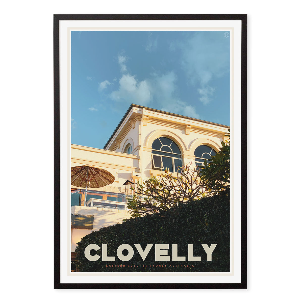 Clovelly NSW retro vintage poster print in black frame by Places We Luv