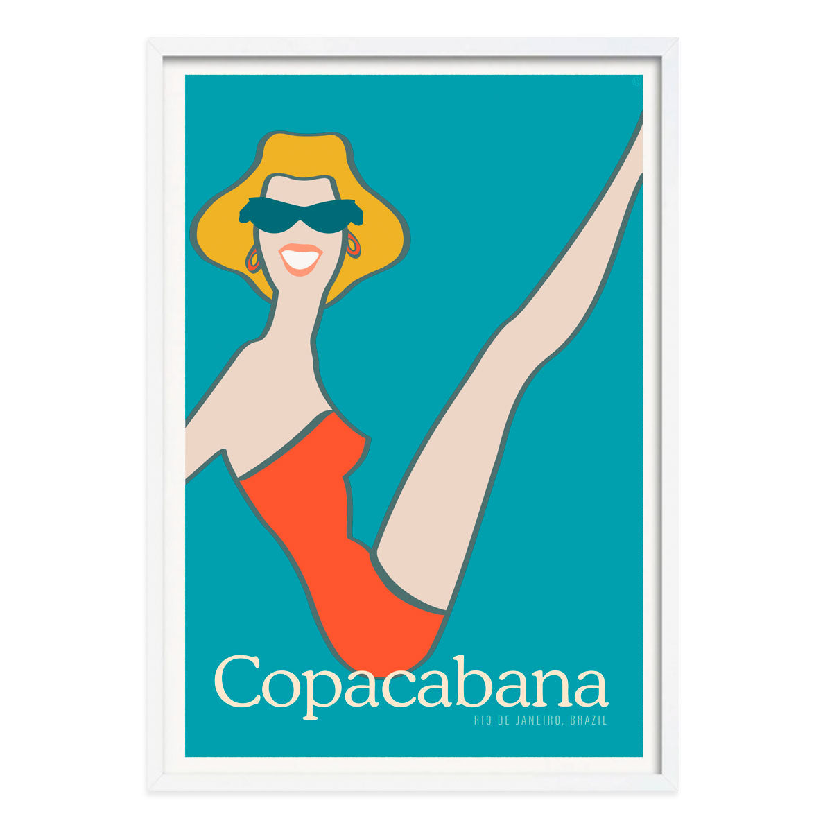 Copacabana retro vintage beach girl poster in white frame from Places We Luv