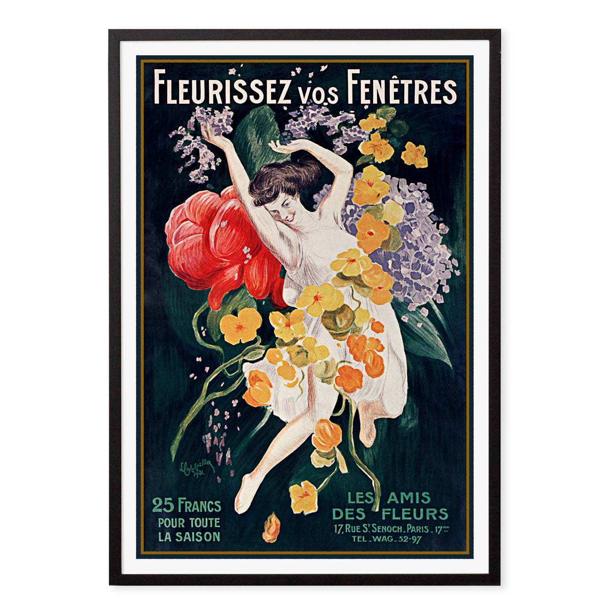 Les Amis Des Fleurs retro vintage advertising poster print in black frame from Places We Luv