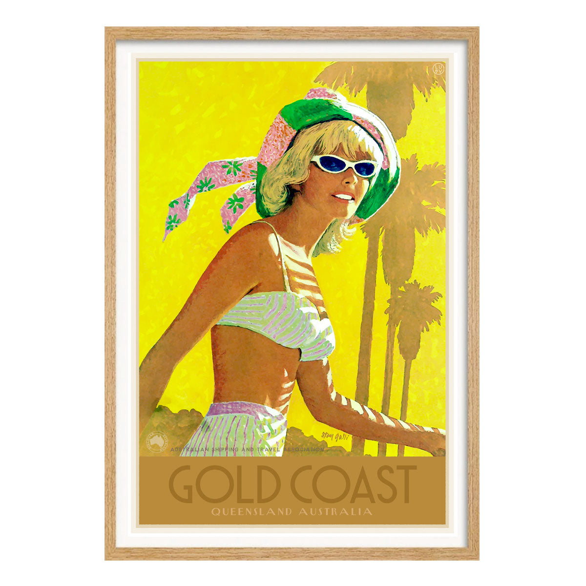 Gold Coast Queensland, retro vintage advertising poster print in oak frame from Places We Luv